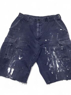 Vintage cargo pocket navy canvas paint splattered shorts‎